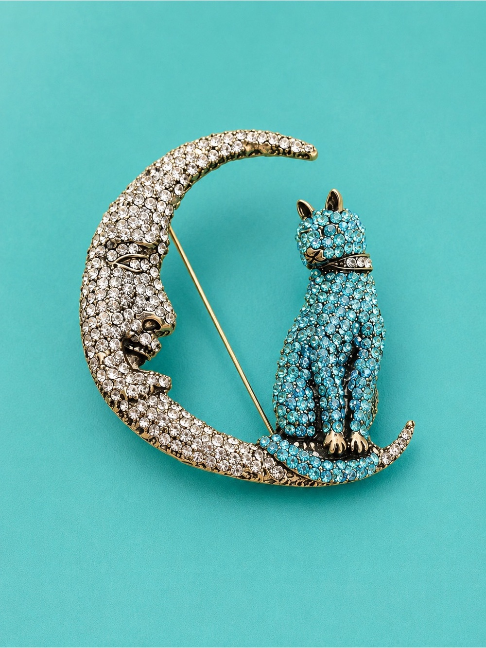 Moon Cat Celestial Blue Crystal Brooch